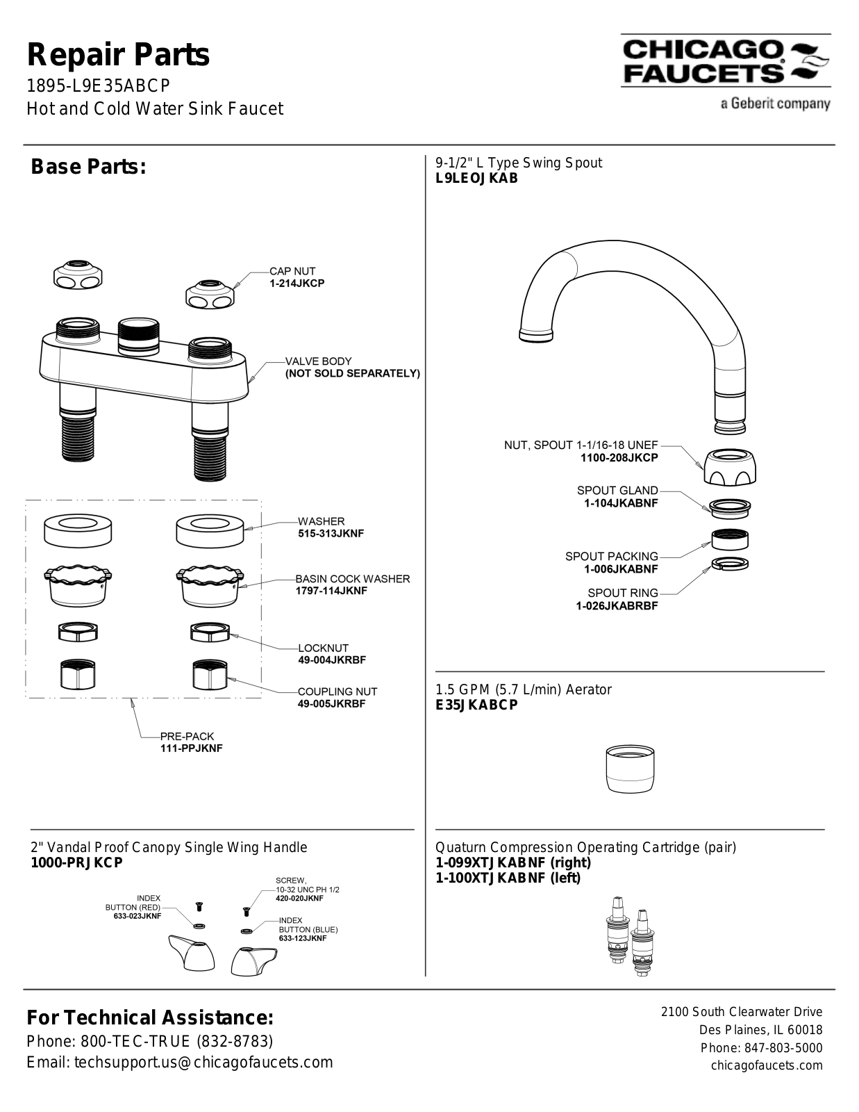 Chicago Faucet 1895-L9E35ABCP Parts List