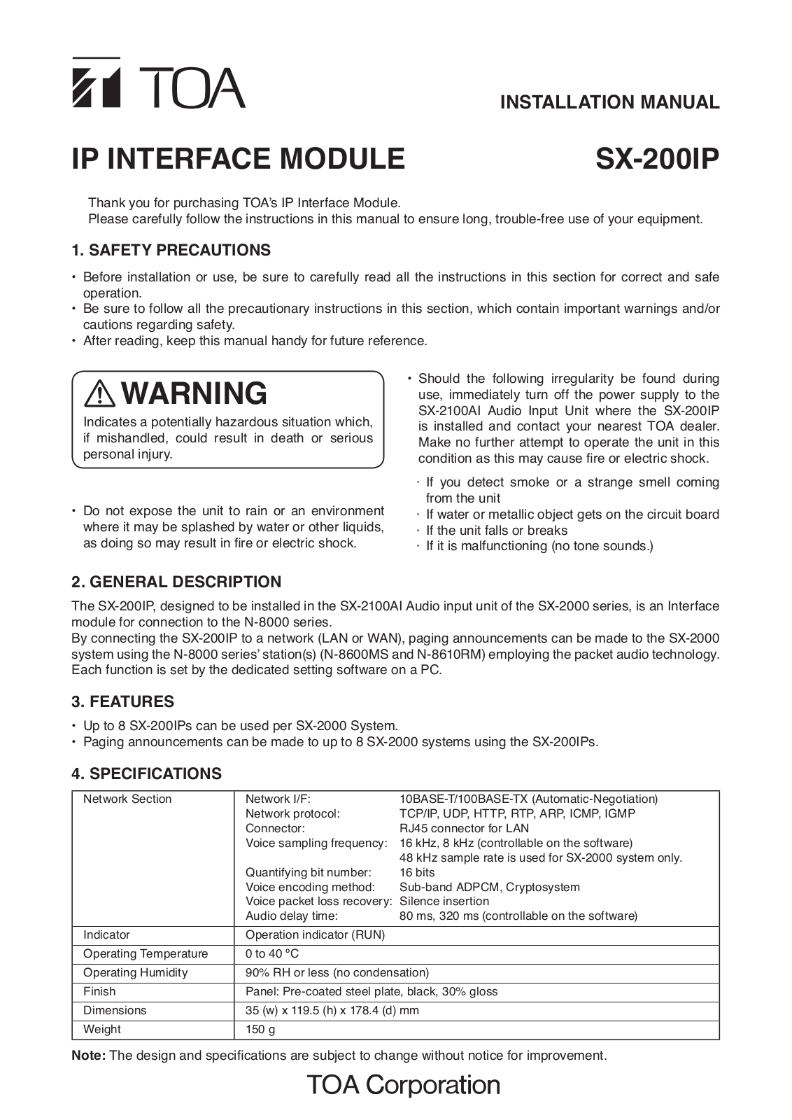 Toa SX-200IP User Manual