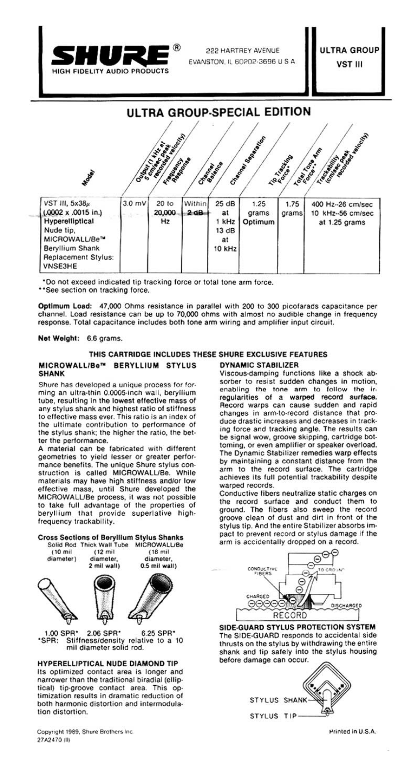 Shure Ultra VST-3 Owners manual