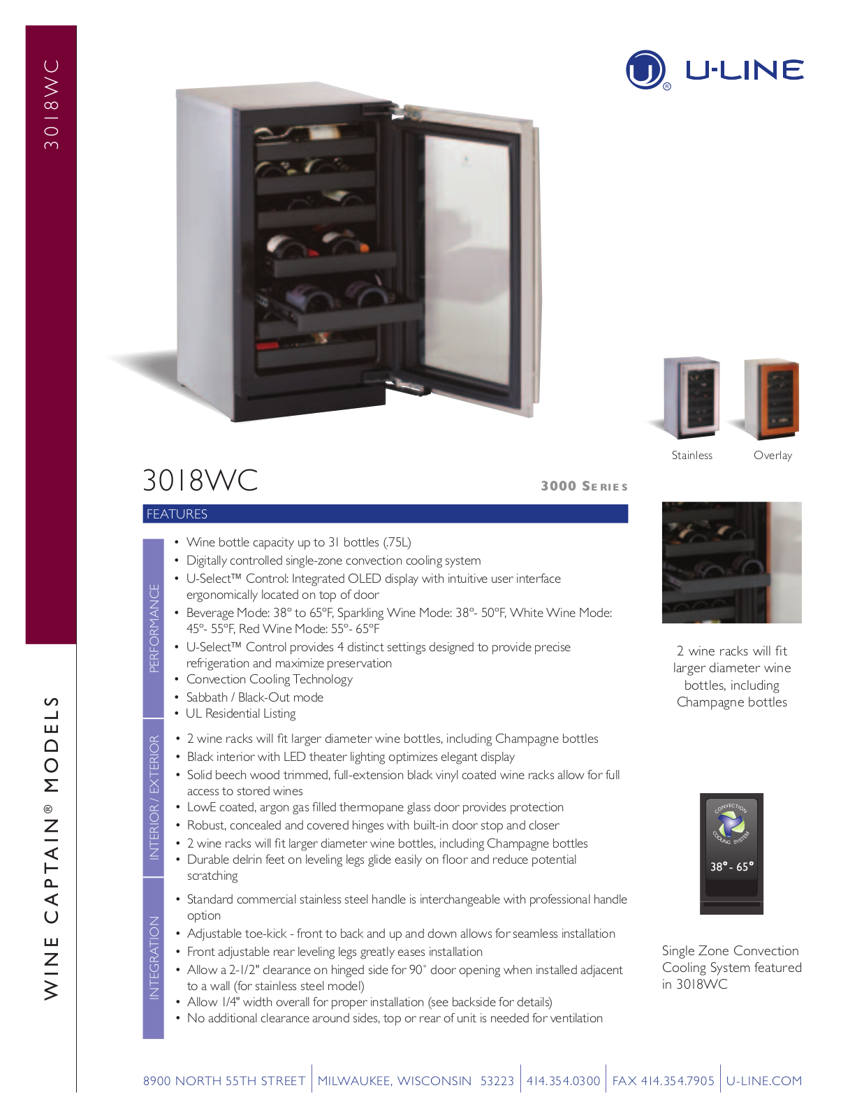 U-Line U-3018WCS-00, U-3018WCO Specification Sheet