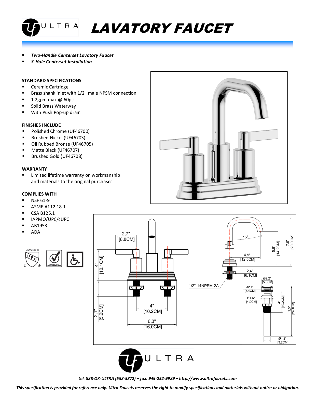 Ultra Faucets LTR10087 Specifications - ManualMachine.com