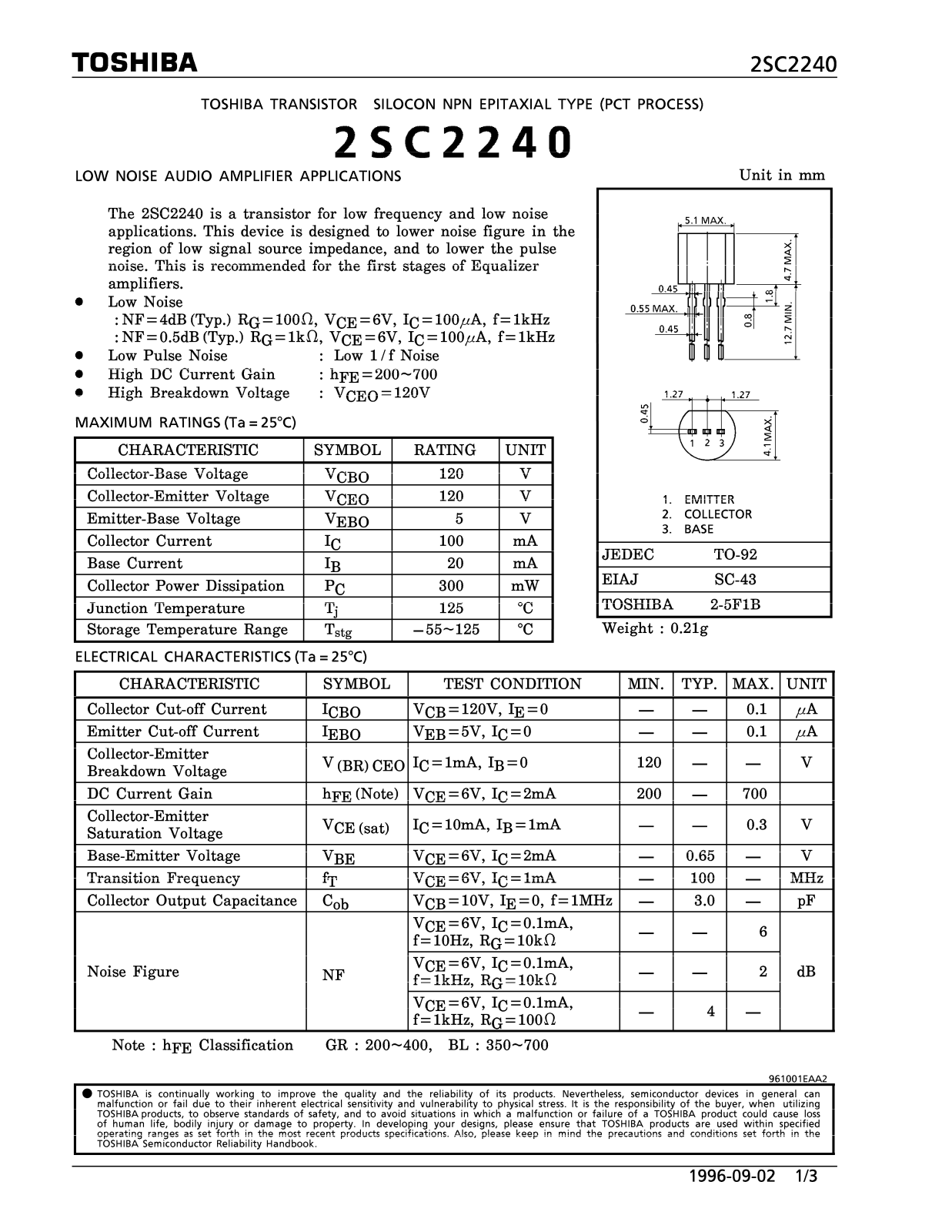 Toshiba 2SC2240 Datasheet