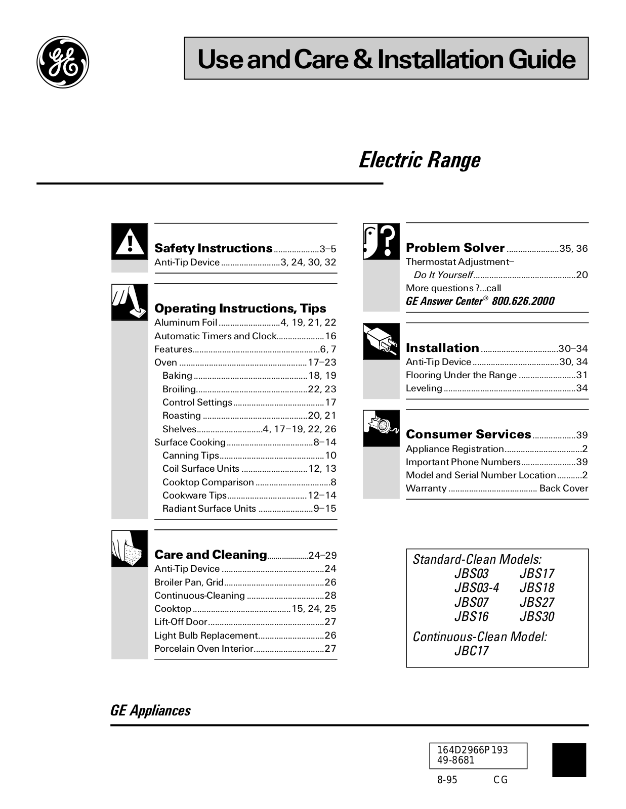 GE JBS17, JBS03-4, JBS18, JBS07, JBS27 Use and Care & Installation Guide