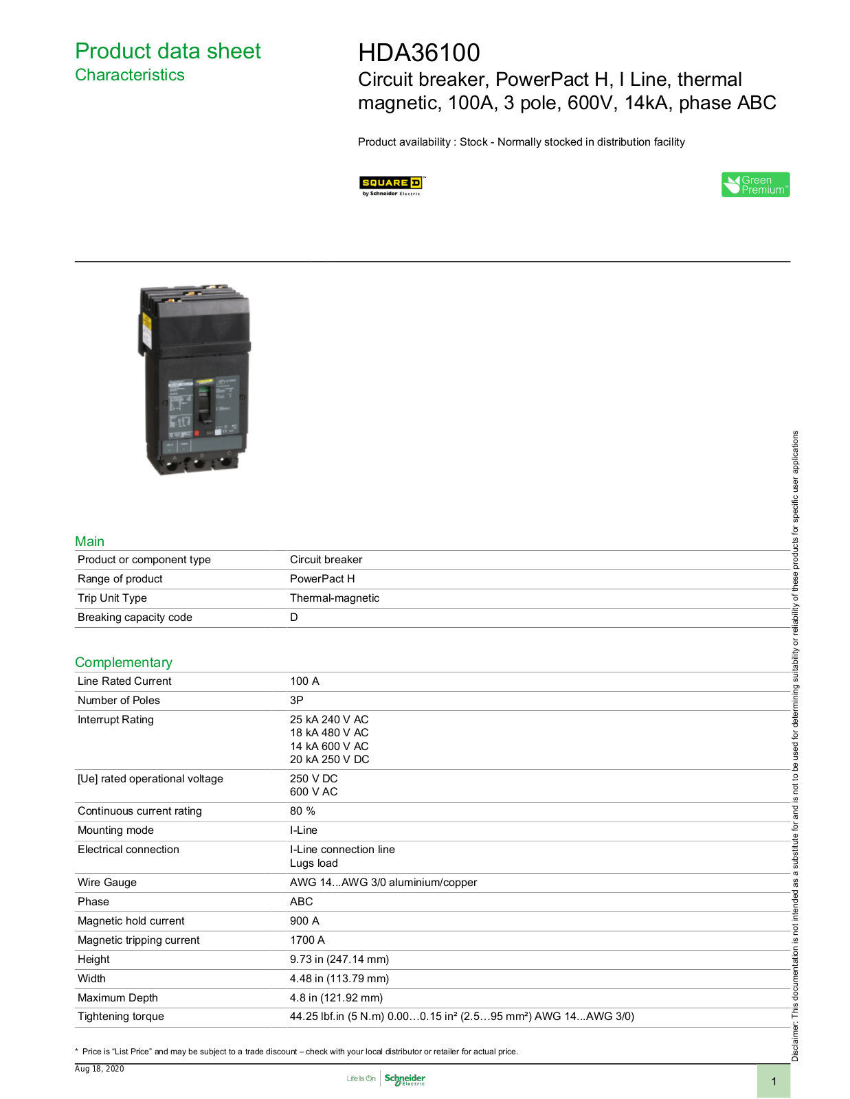 Square D HDA36100 Data Sheet
