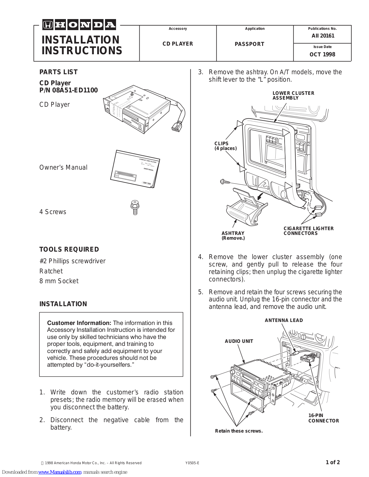 Honda CD PLAYER, 08A51-ED1100 Installation Instructions Manual