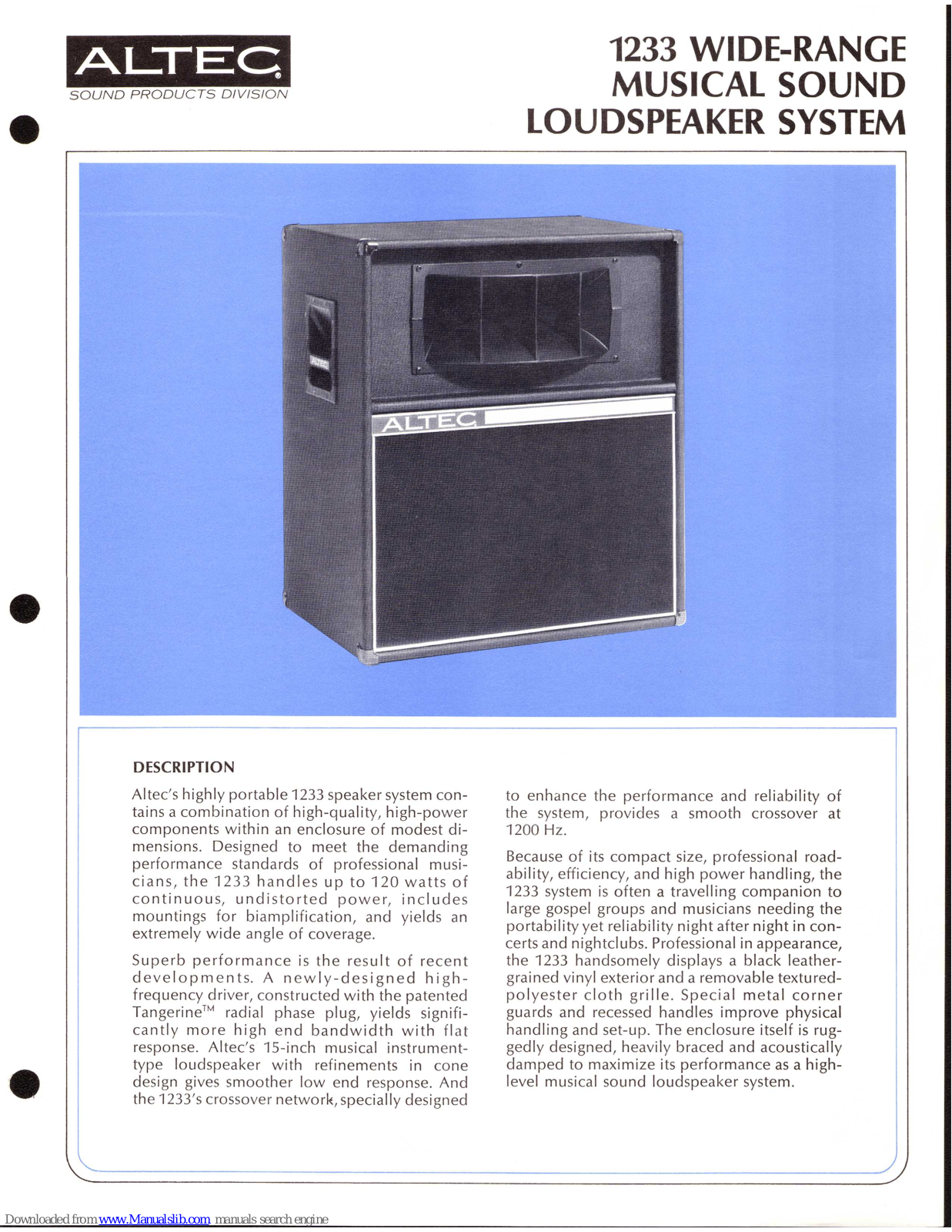 Altec 1233 Specification Sheet