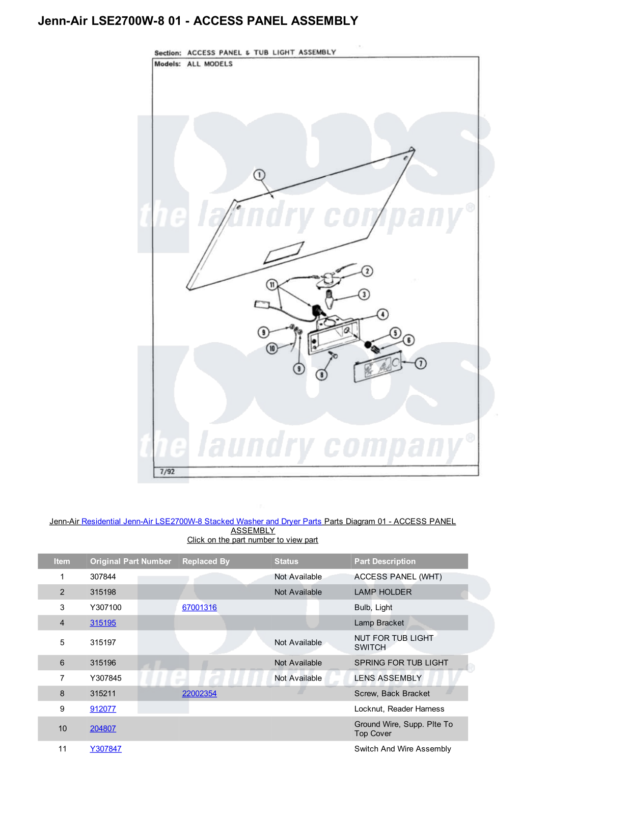 Jenn-Air LSE2700W-8 Stacked and Parts Diagram