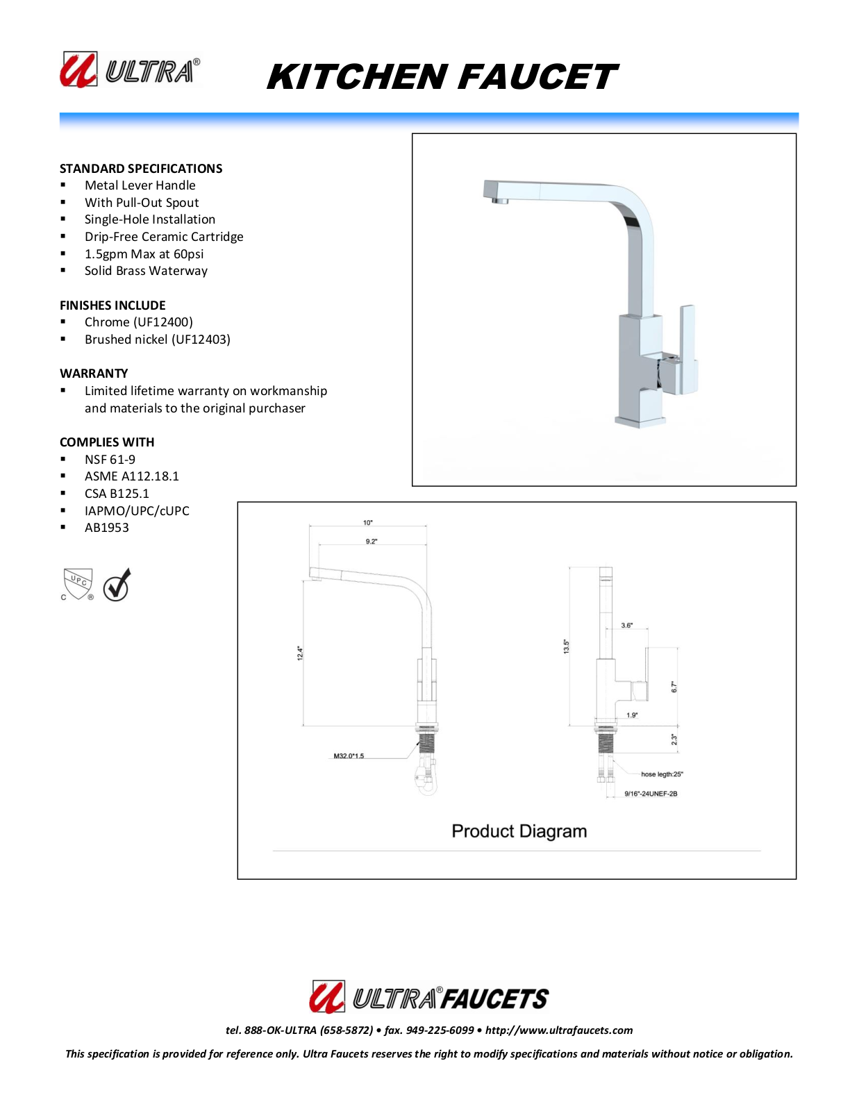 Ultra Faucets LTR10111 Specifications - ManualMachine.com