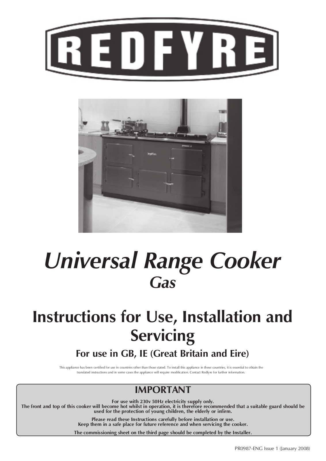 Redfyre Universal Range Cooker Gas Installation and Use Instruction