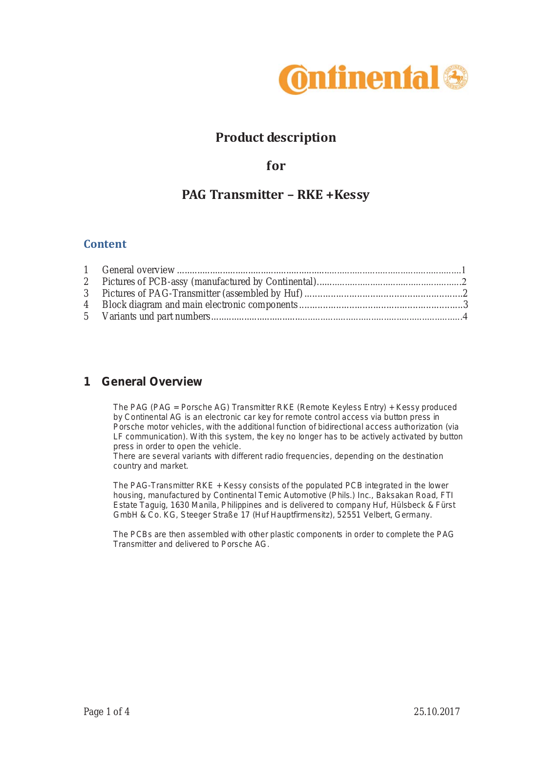 Continental Automotive 315 180528 User Manual