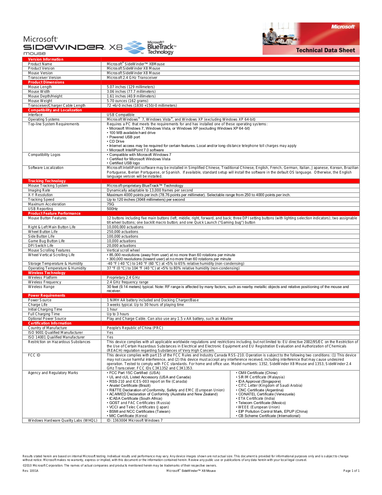 Microsoft SIDEWINDER X8 MOUSE DATASHEET