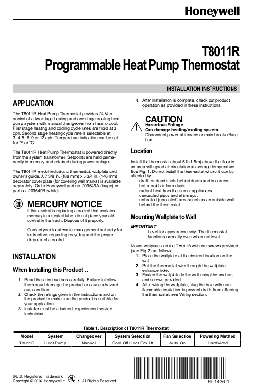 Honeywell T8011r User Manual