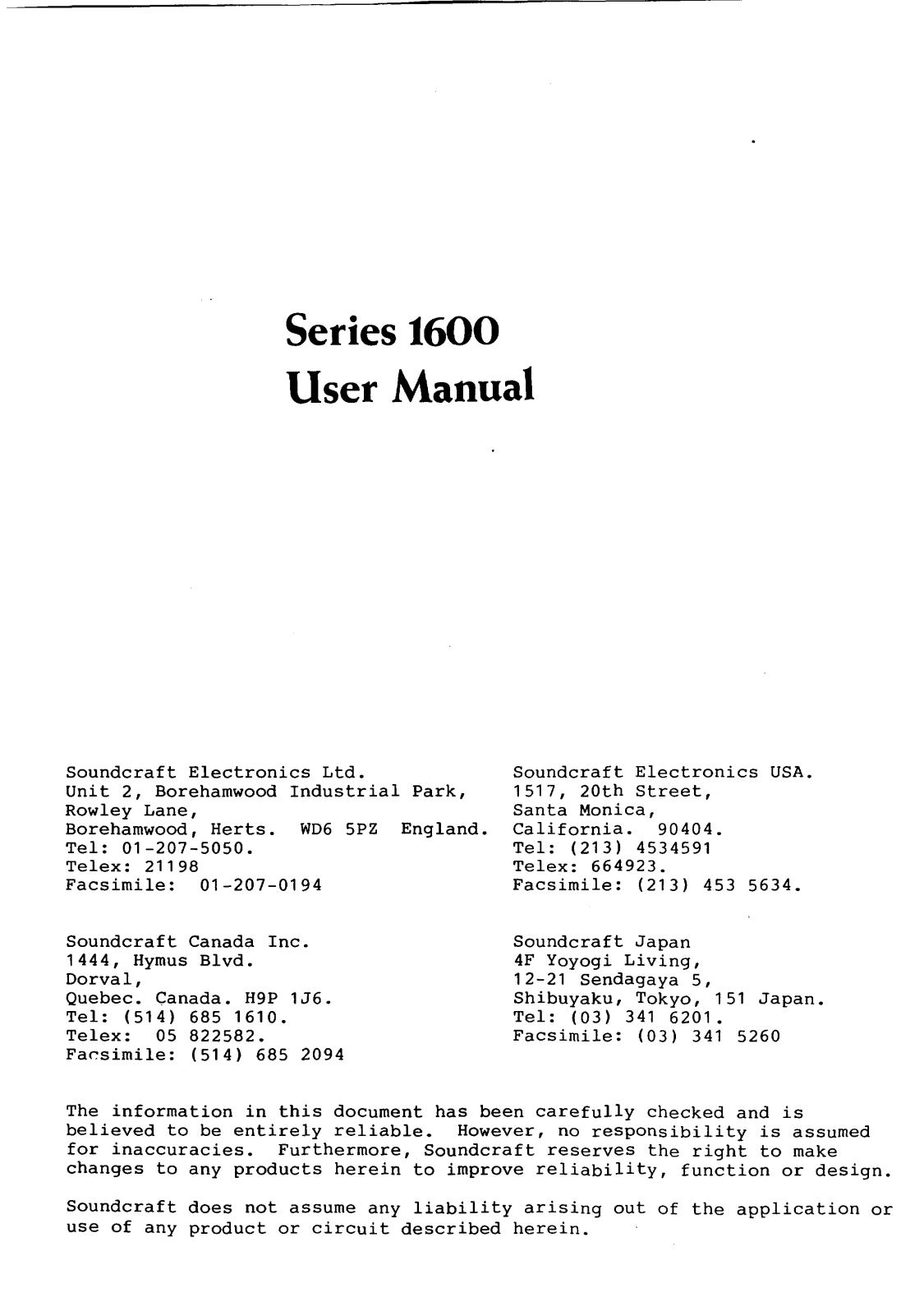 Soundcraft 1600 User manual