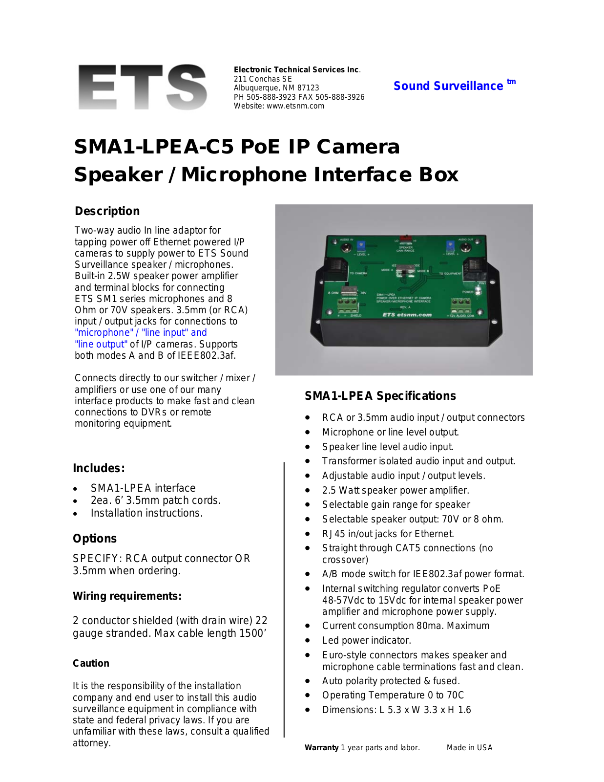 ETS SMA1-LPEA Specsheet