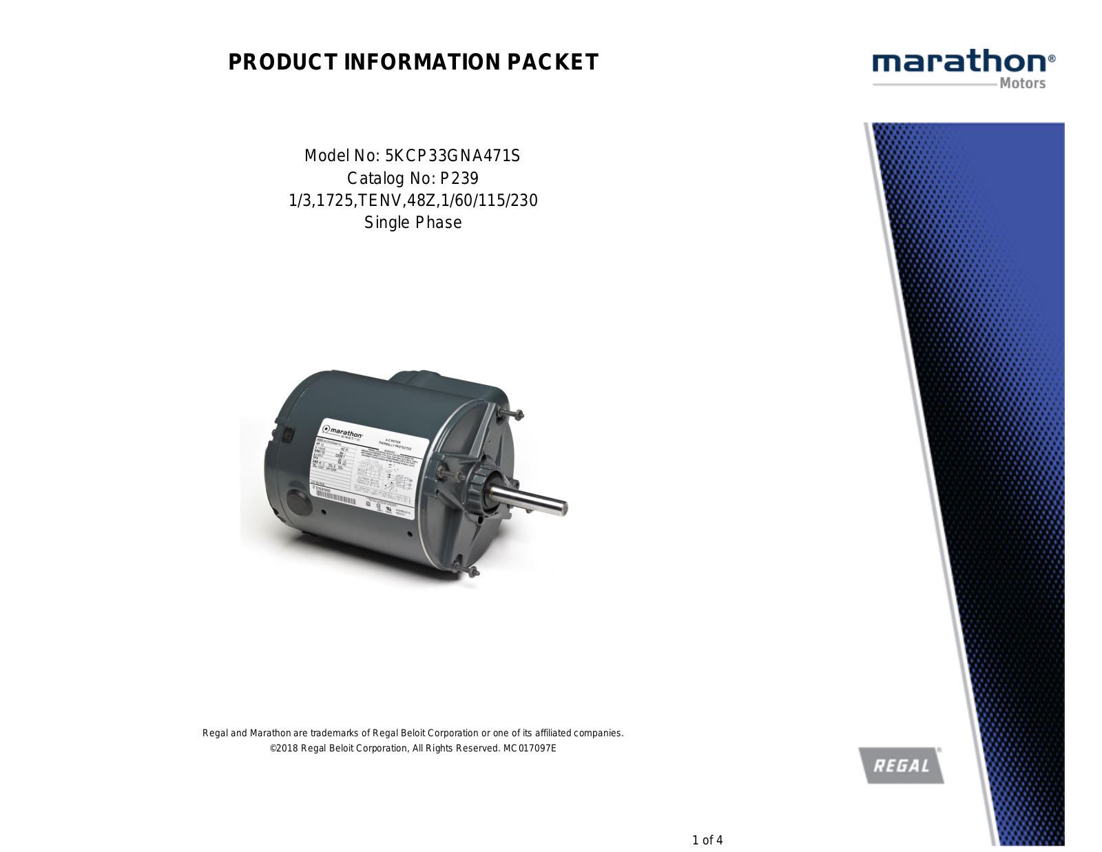 Marathon Electric 5KCP33GNA471S Product Information Packet