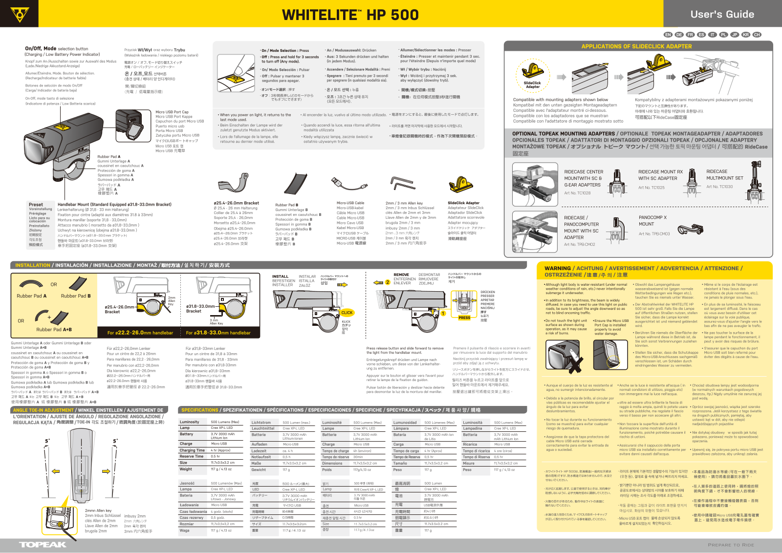 Topeak Whitelite HP 500 User Manual