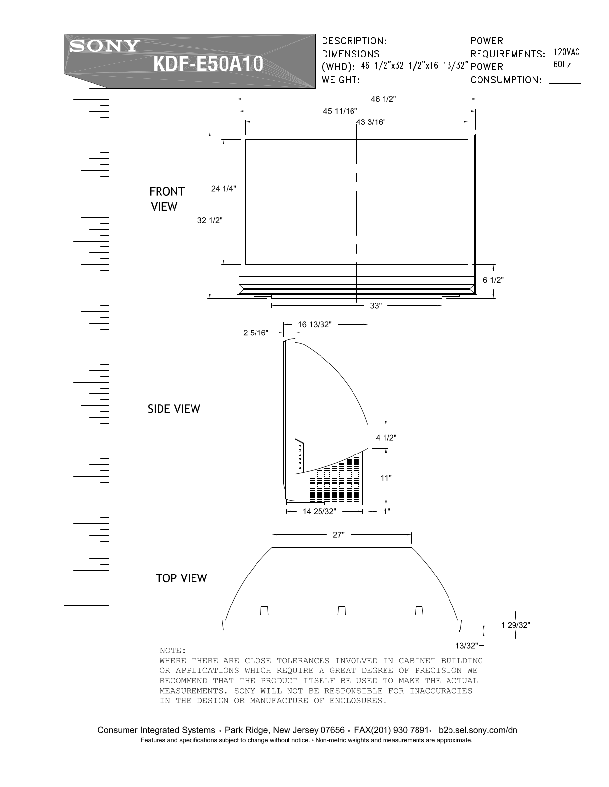 Sony KDF-E50A10 Dimensions Diagrams