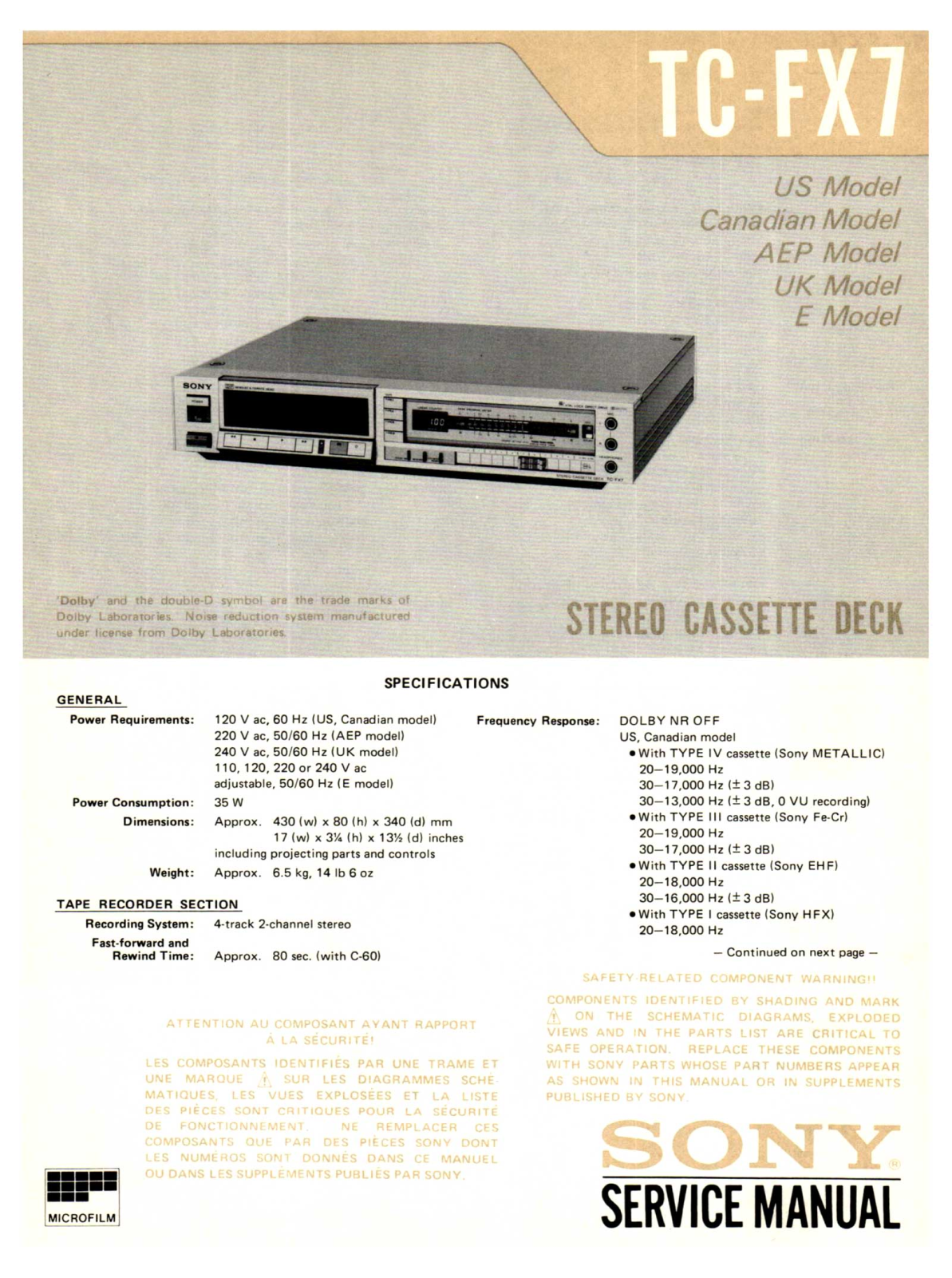 Sony TCFX-7 Service manual