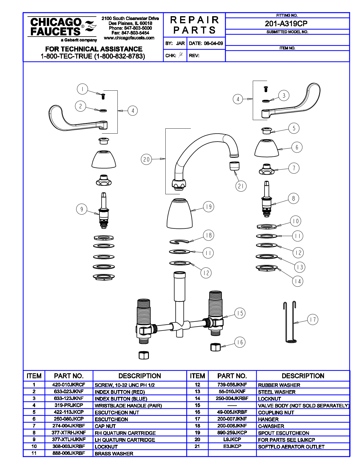 Chicago Faucet 201-A319CP Parts List