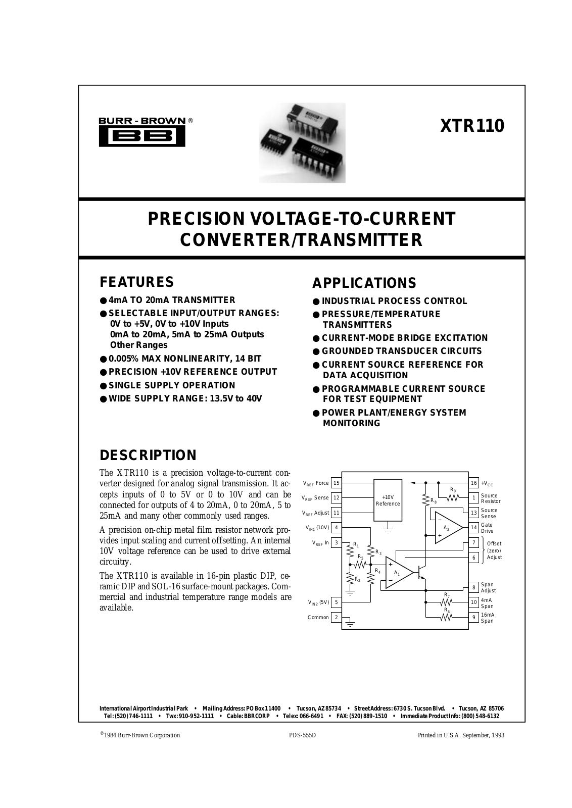 Burr Brown XTR110KU-1K, XTR110KU, XTR110KP, XTR110BG, XTR110AG Datasheet