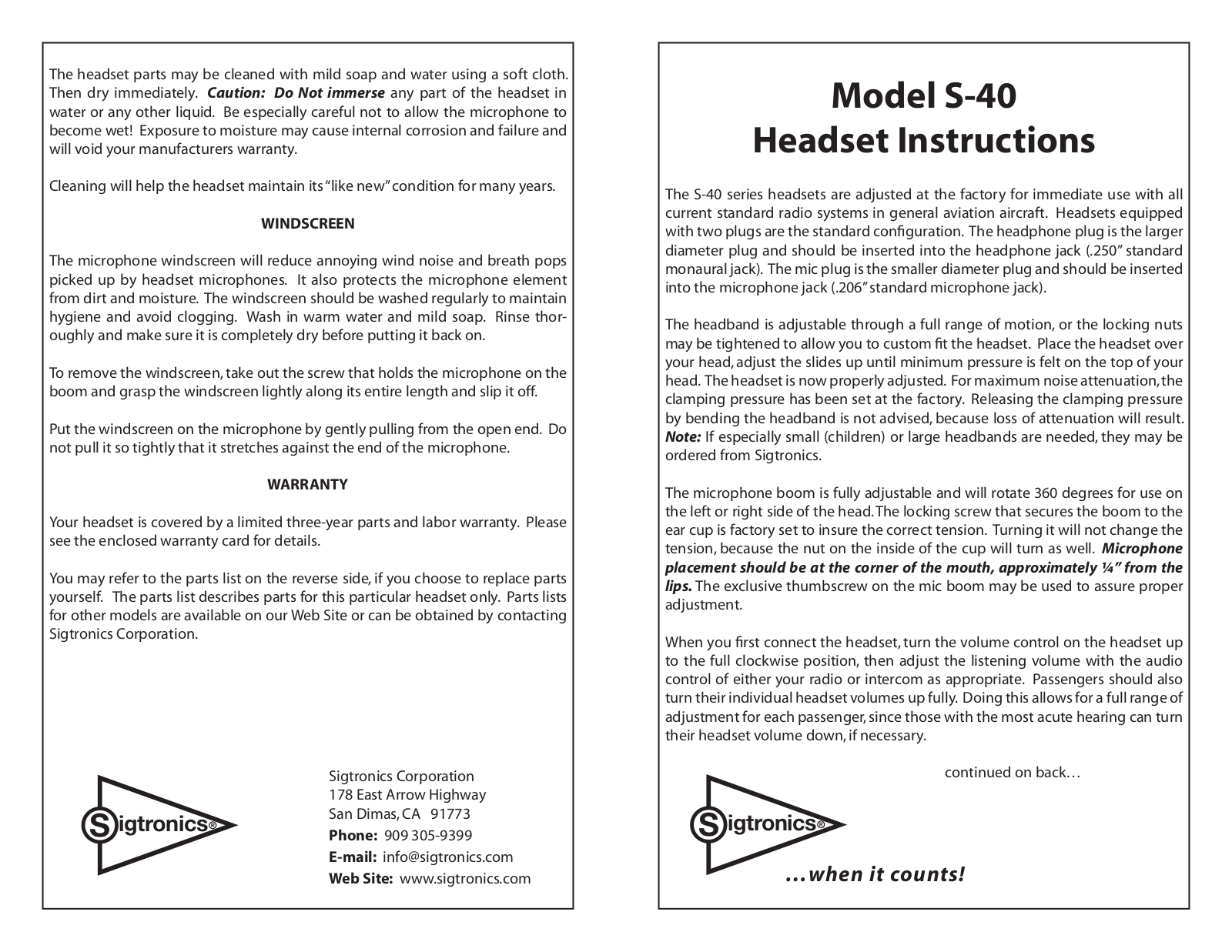 Sigtronics S-40 User Manual