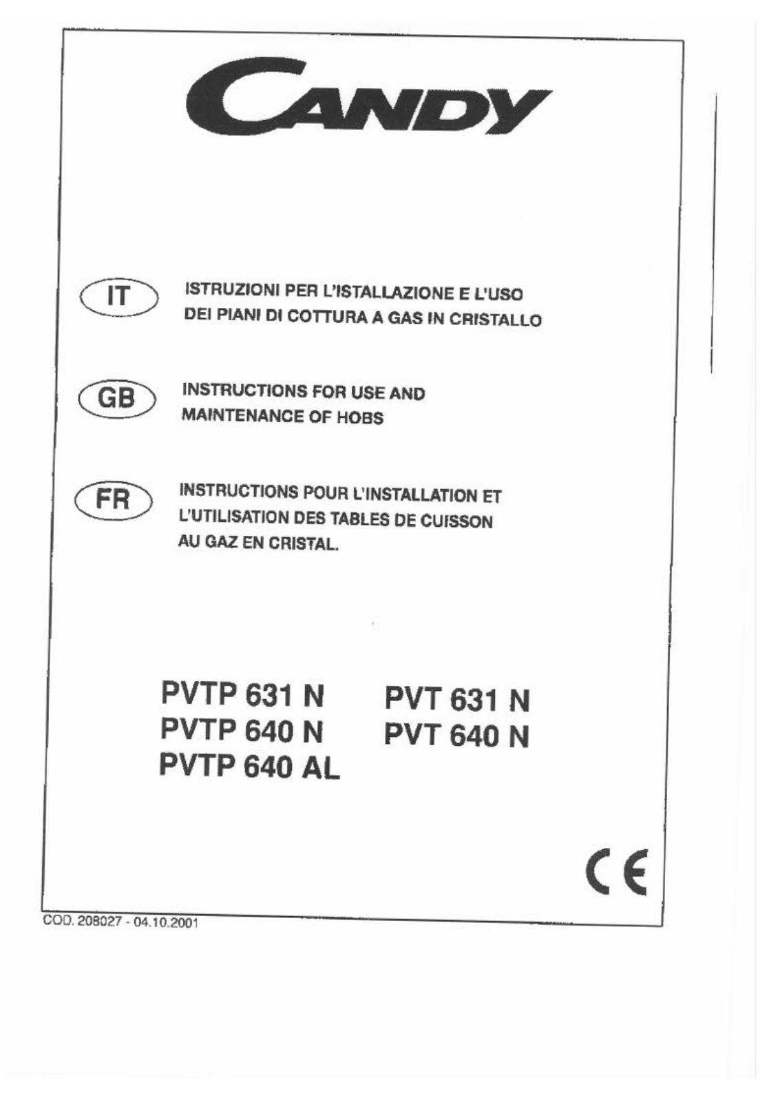 CANDY PVT631N User Manual