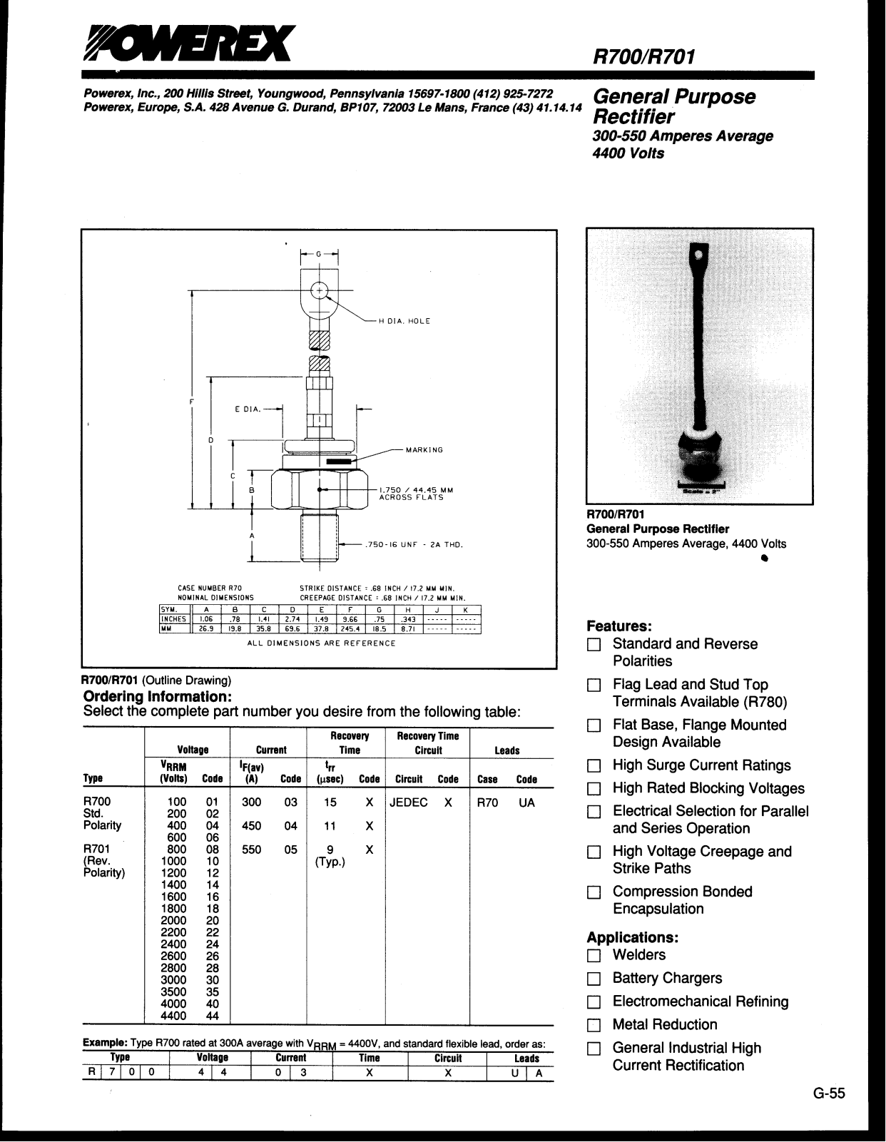 POWEREX R700, R701 Technical data