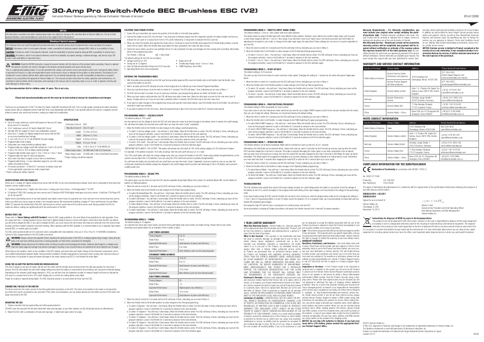 E-flite 30-Amp Pro Switch-Mode BEC Brushless ESC-V2 User Manual