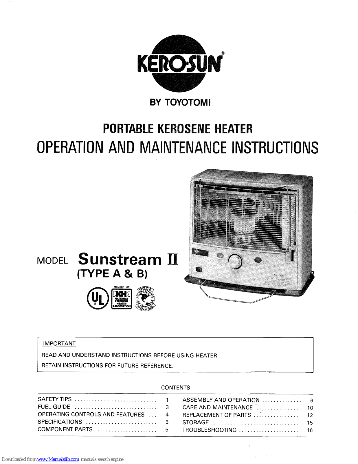 Toyotomi Sunstream II Type A, Sunstream II Type B User Manual