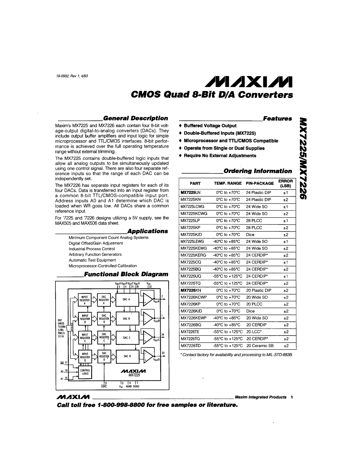 Maxim MX7225BQ, MX7225CQ, MX7225K-D, MX7225KEWG, MX7225KN Datasheet