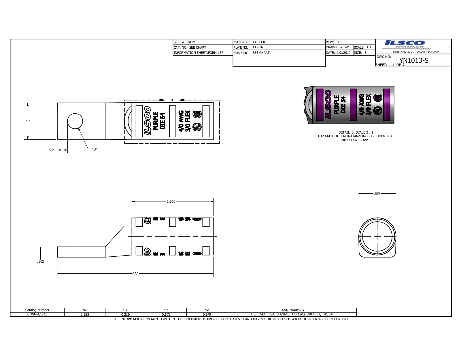 Ilsco CLWN-4/0-10 Data sheet