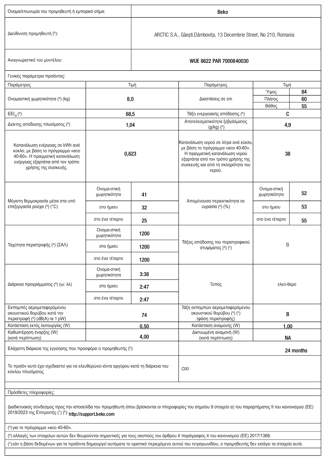 Beko WUE 8622 PAR PRODUCT INFORMATION SHEET