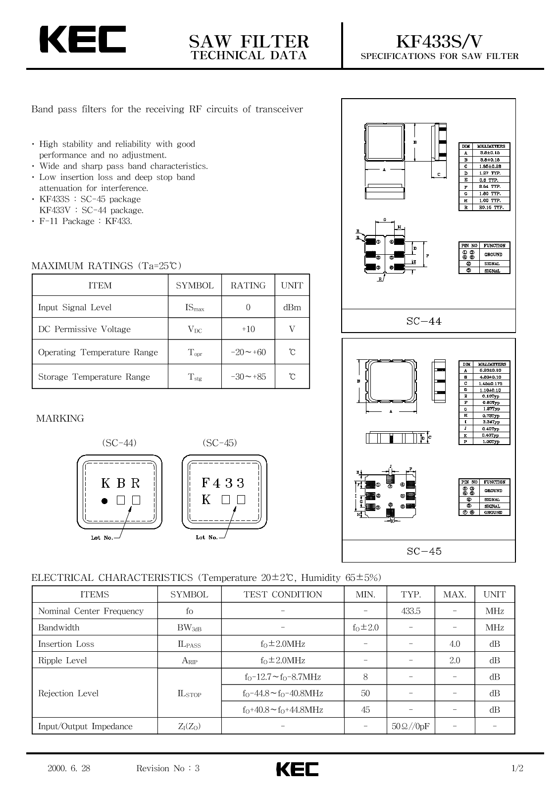 KEC KF433S, KF433V Datasheet