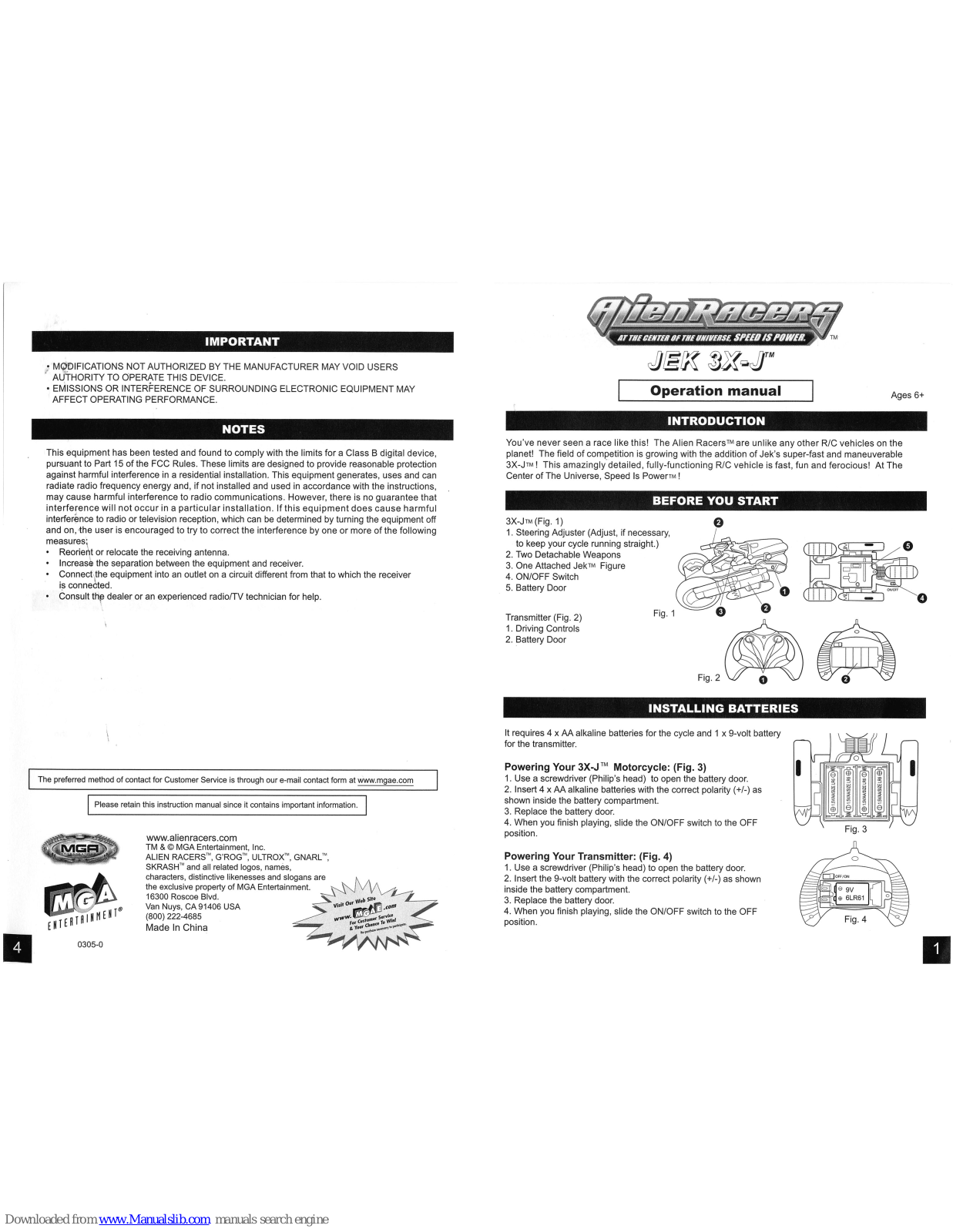 MGA Entertainment 273745, Alien Racers JEK 3X-J Operation Manual