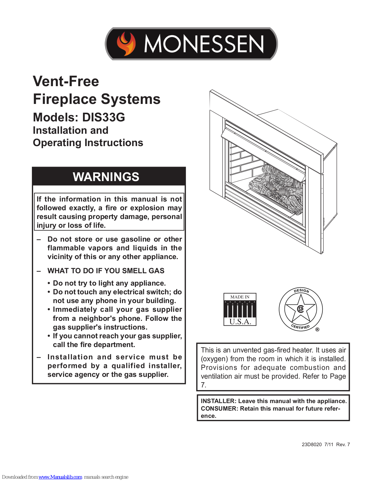 Monessen Hearth DIS33G, DIS33NTG, DIS33PTG, DIS33NVG, DIS33PVG Installation And Operating Instructions Manual