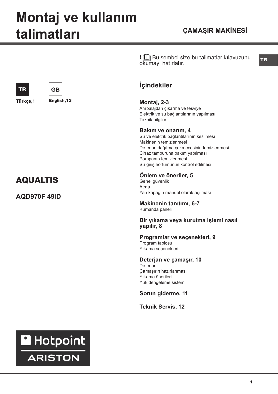 HOTPOINT/ARISTON AQD970F 49ID TK User Manual