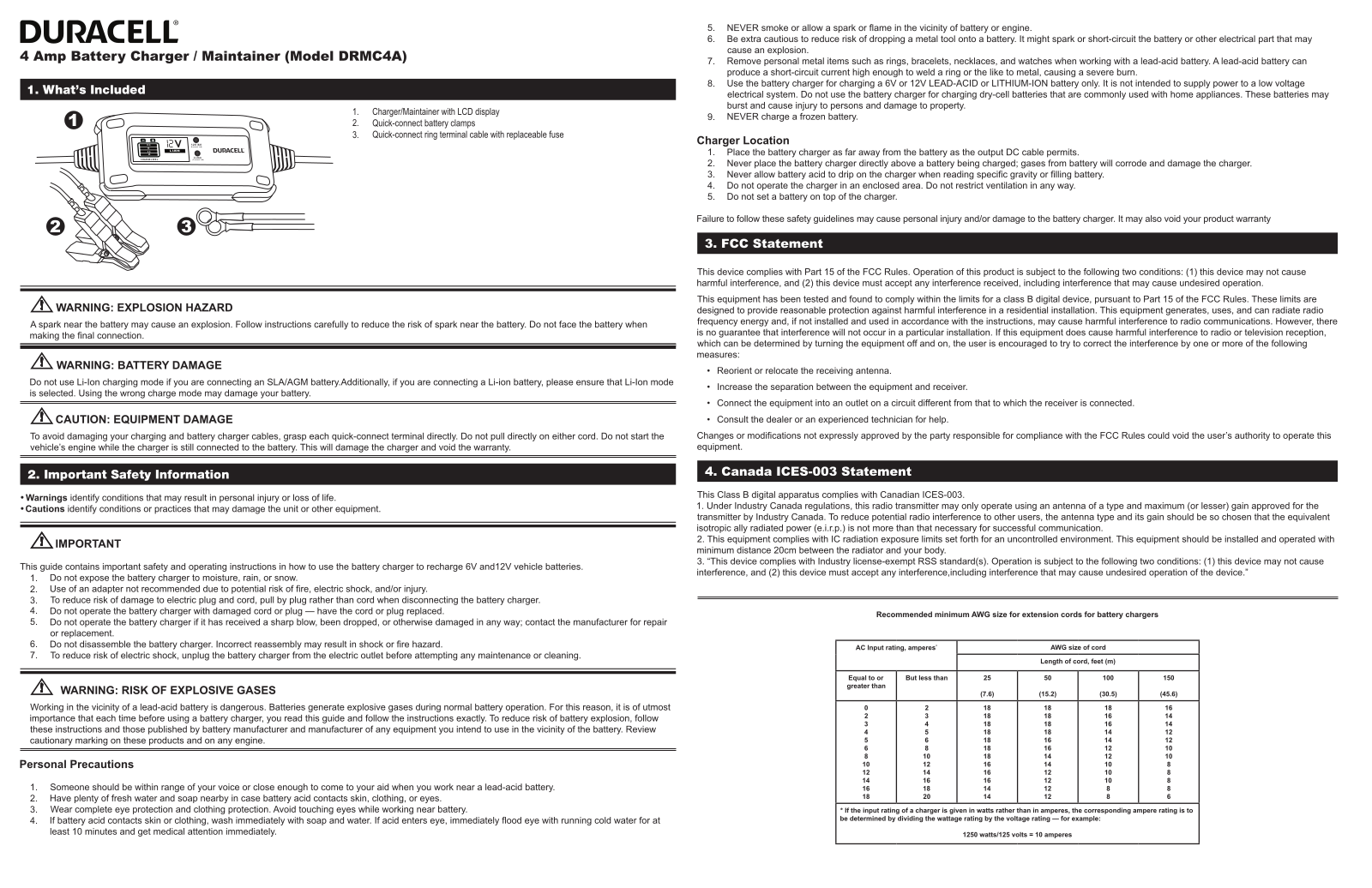 Duracell 4 Amp Battery Charger / Maintainer (Model DRMC4A) User Manual