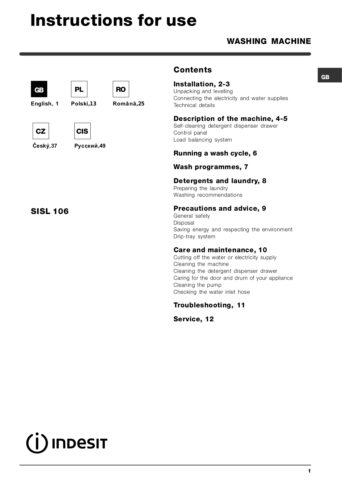 Indesit SISL 106 User Manual