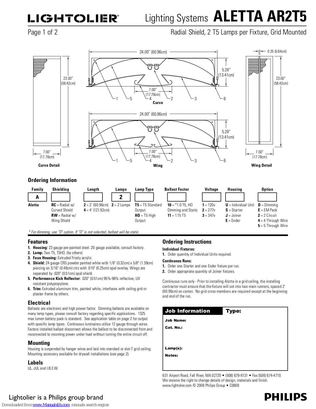 Lightolier ALETTA AR2T5 Specification Sheet