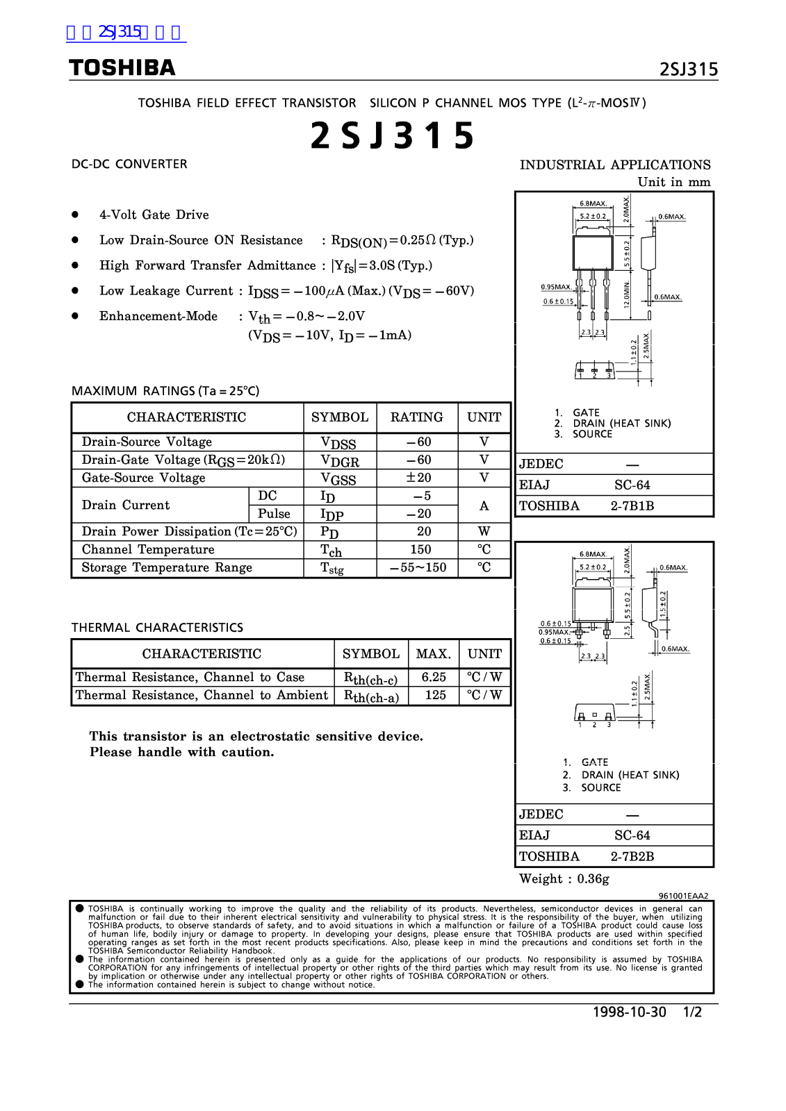 TOSHIBA 2SJ315 Technical data