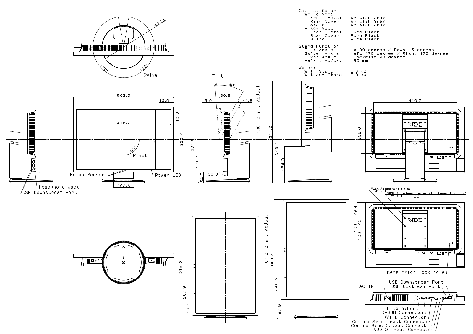 NEC EA223WM-BK Mechanical Drawings