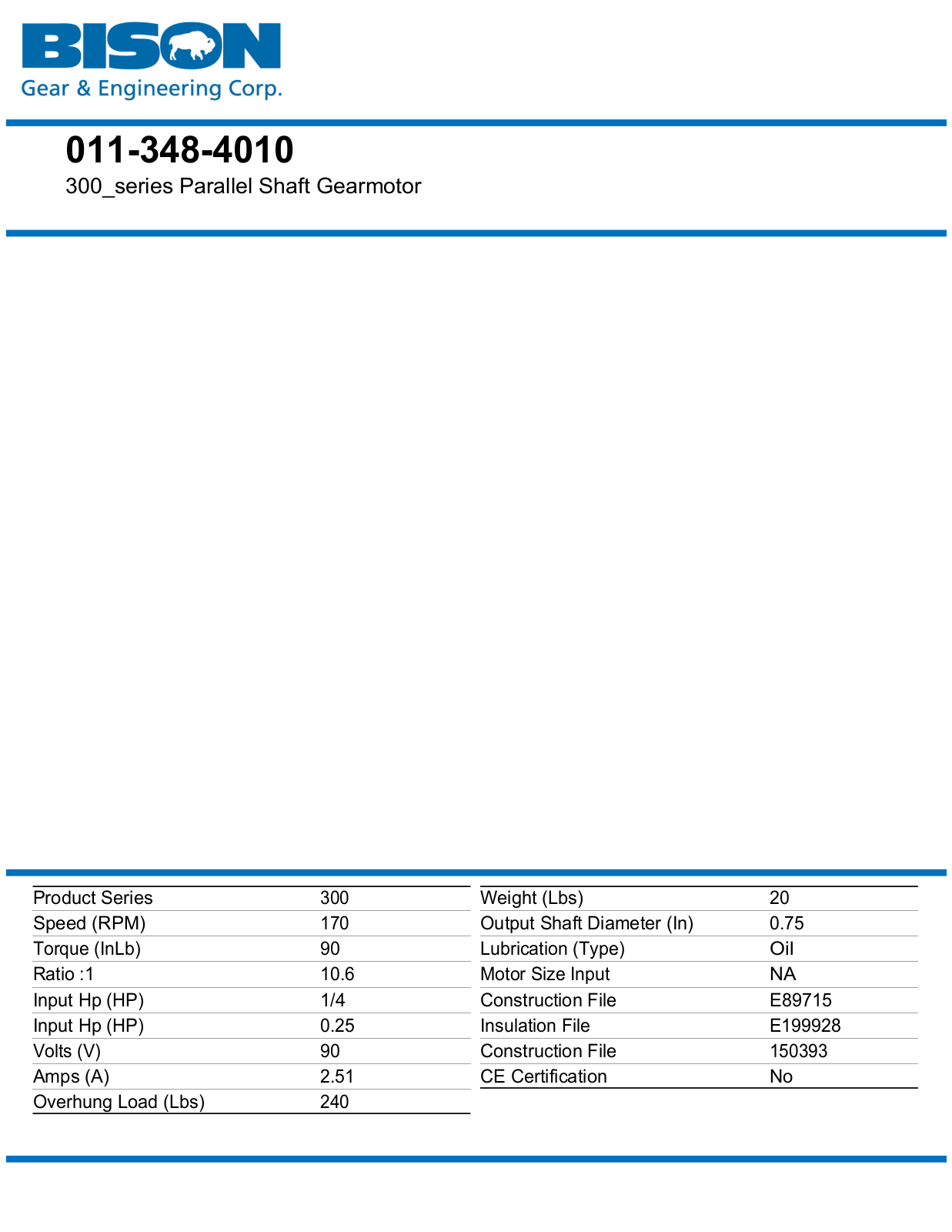 Bison Gear & Engineering 011-348-4010 Data Sheet