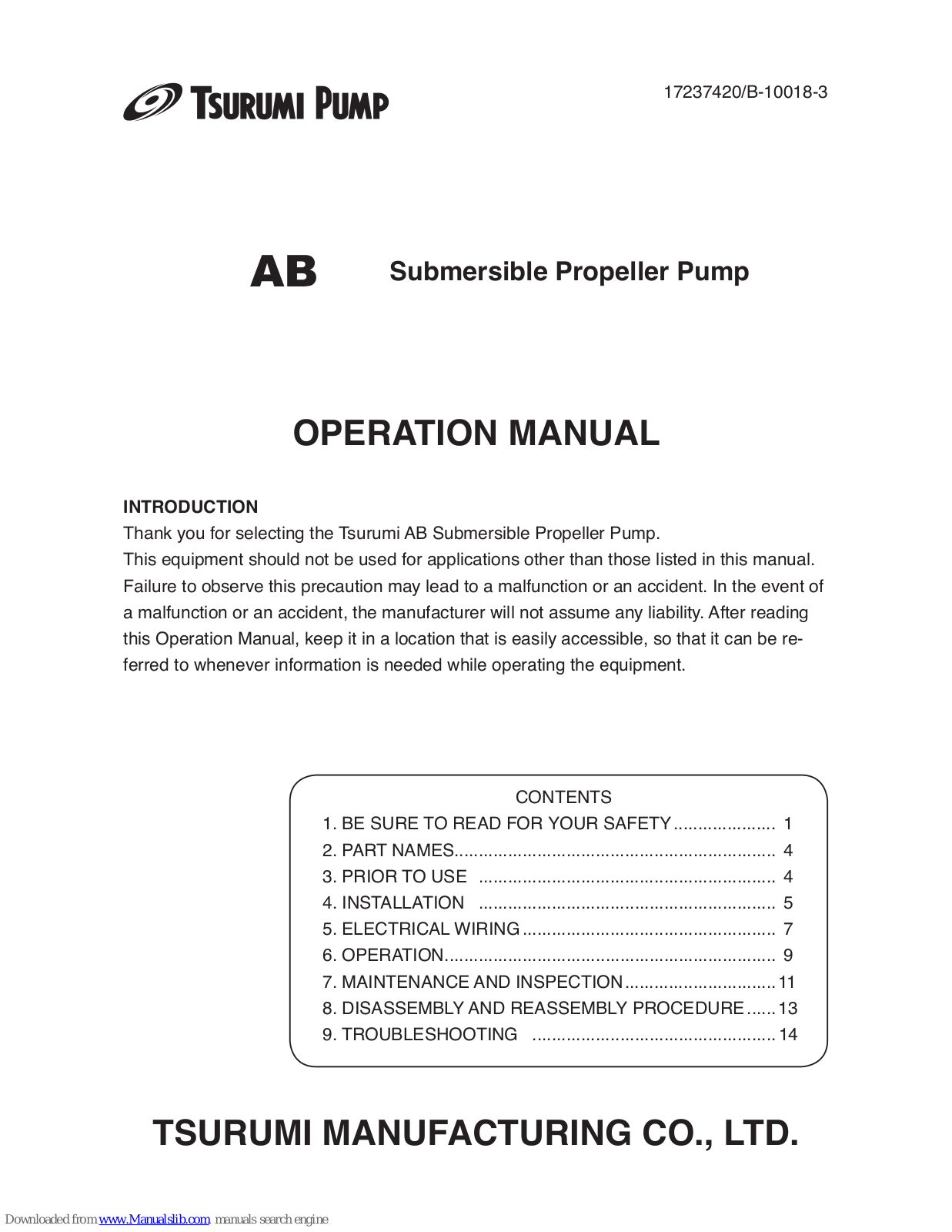 Tsurumi Pump AB Series Operation Manual