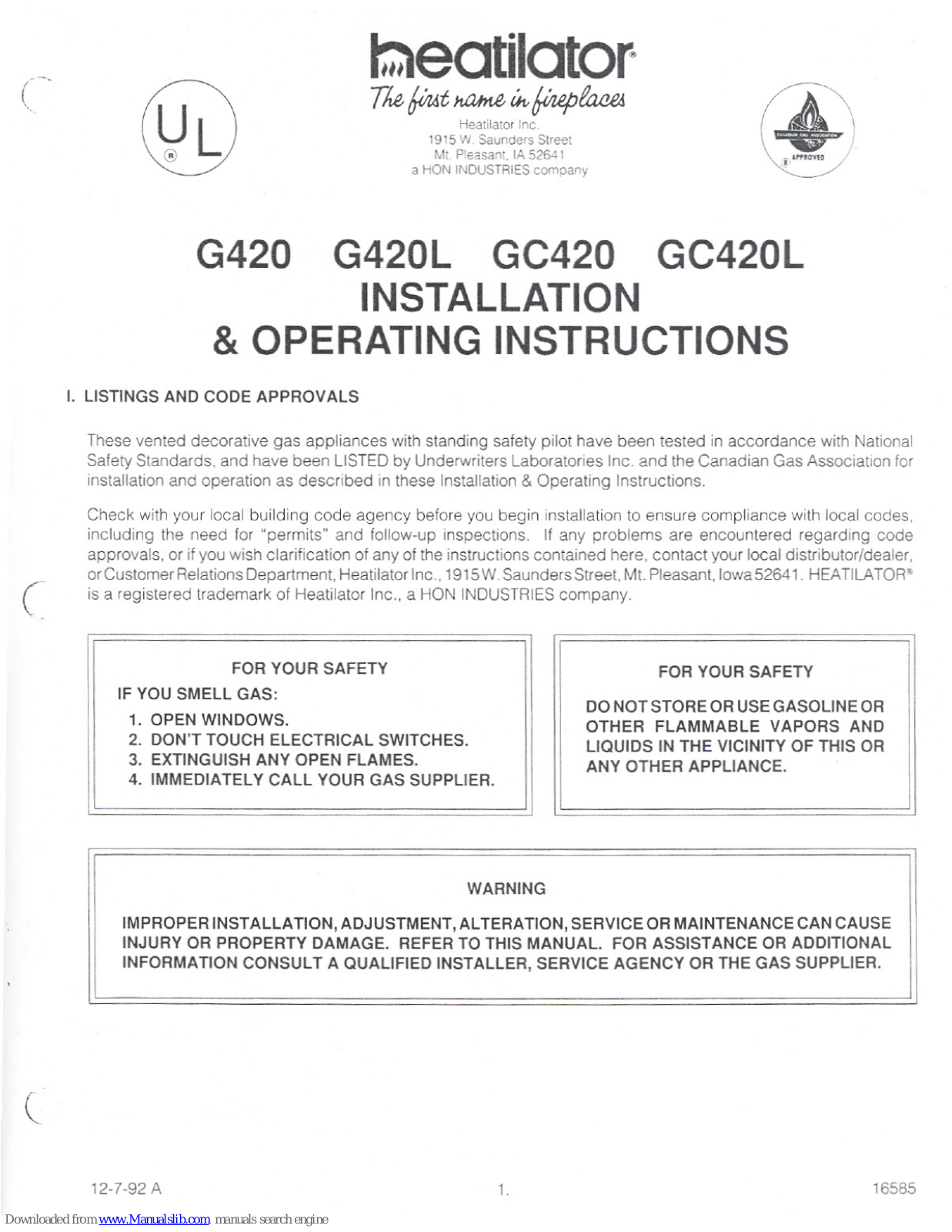 Heatilator G420, GC420L, G420L, GC420 Installation & Operating Instructions Manual