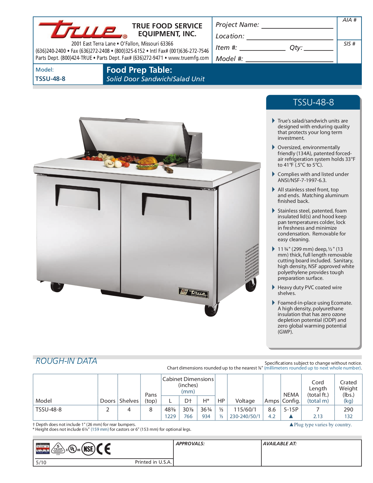 True TSSU-48-8 Specifications