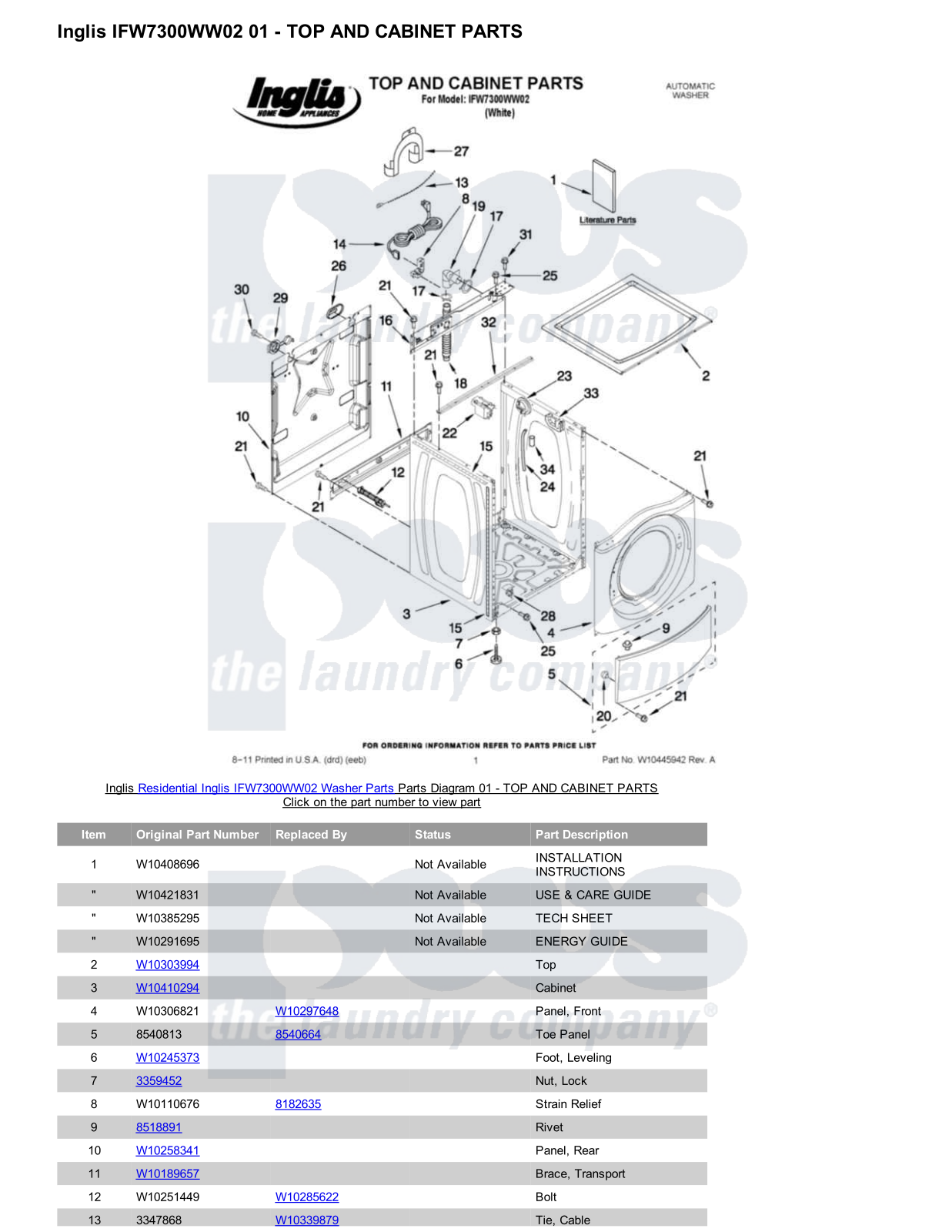 Inglis IFW7300WW02 Parts Diagram