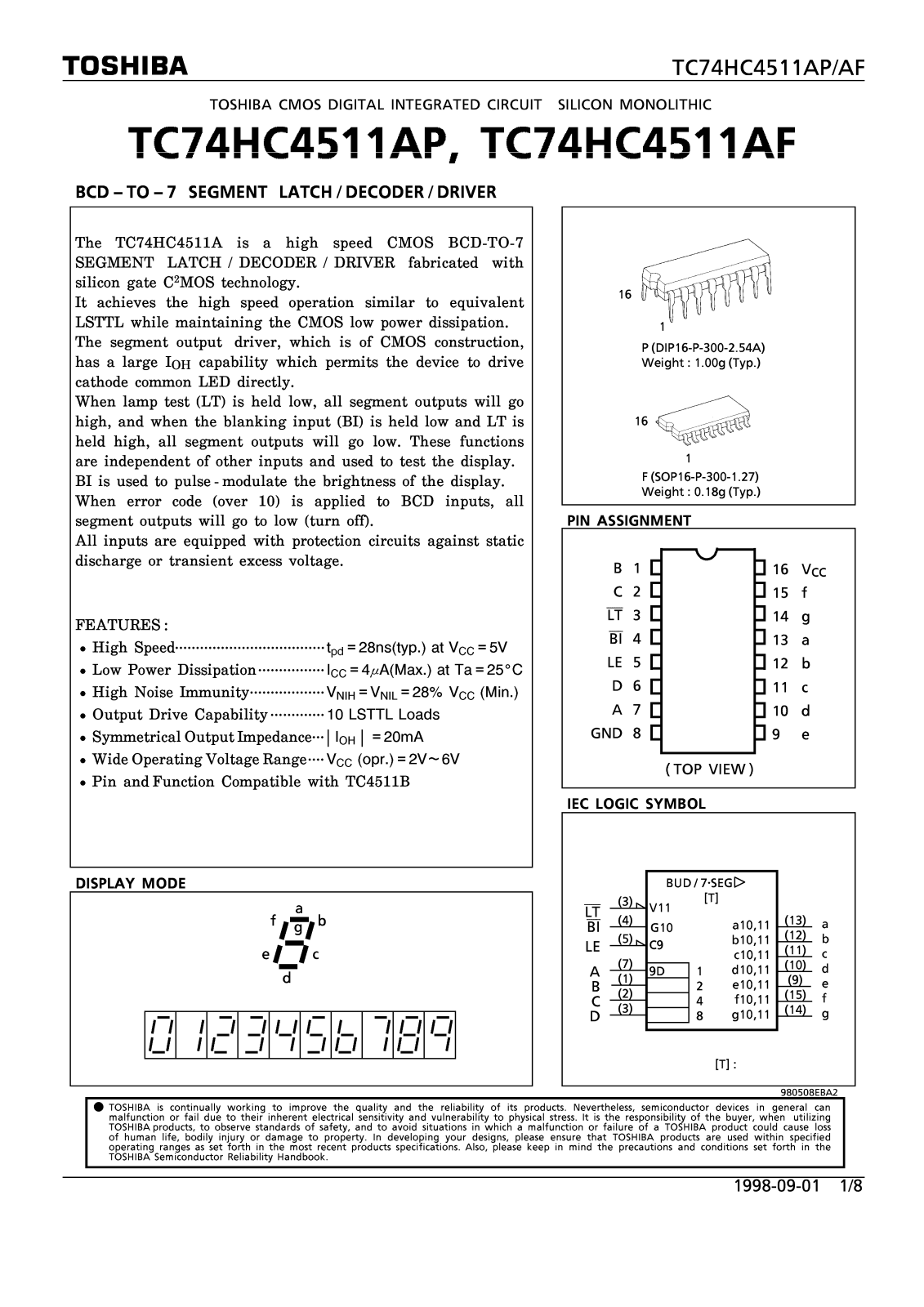 Toshiba TC74HC4511AF Datasheet