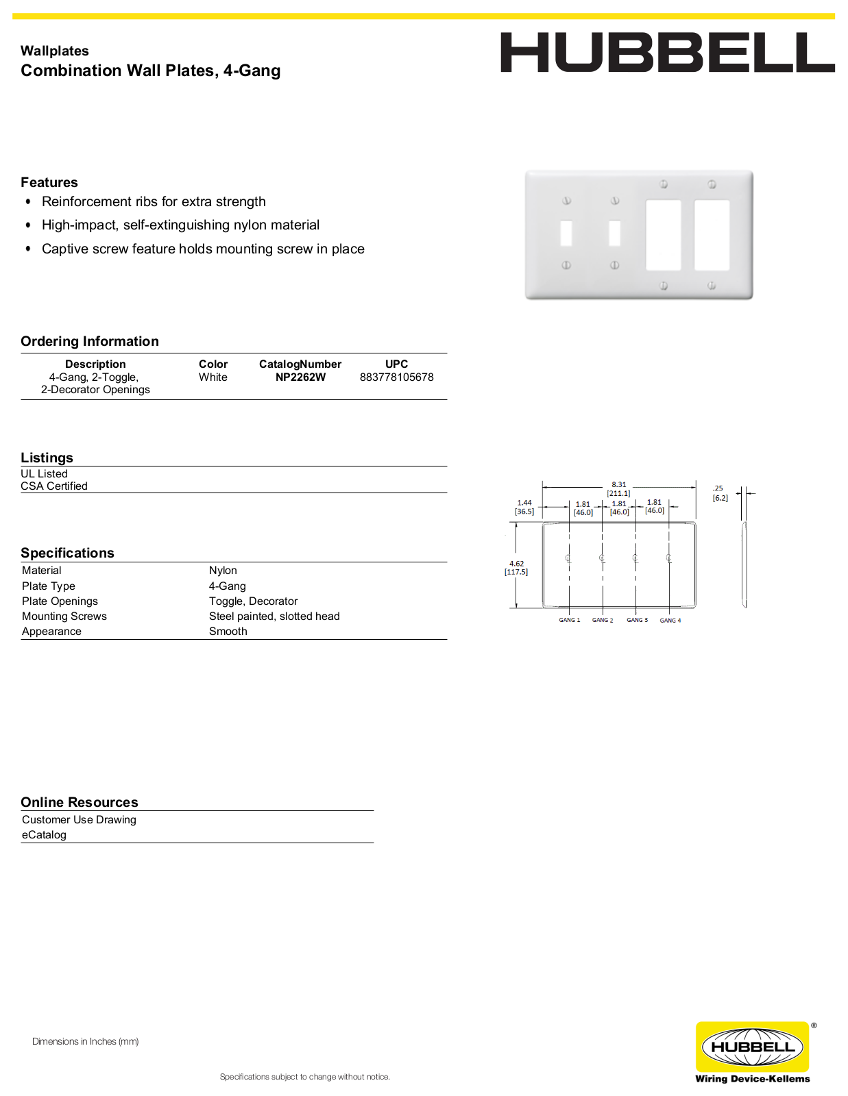 Hubbell NP2262W Specifications