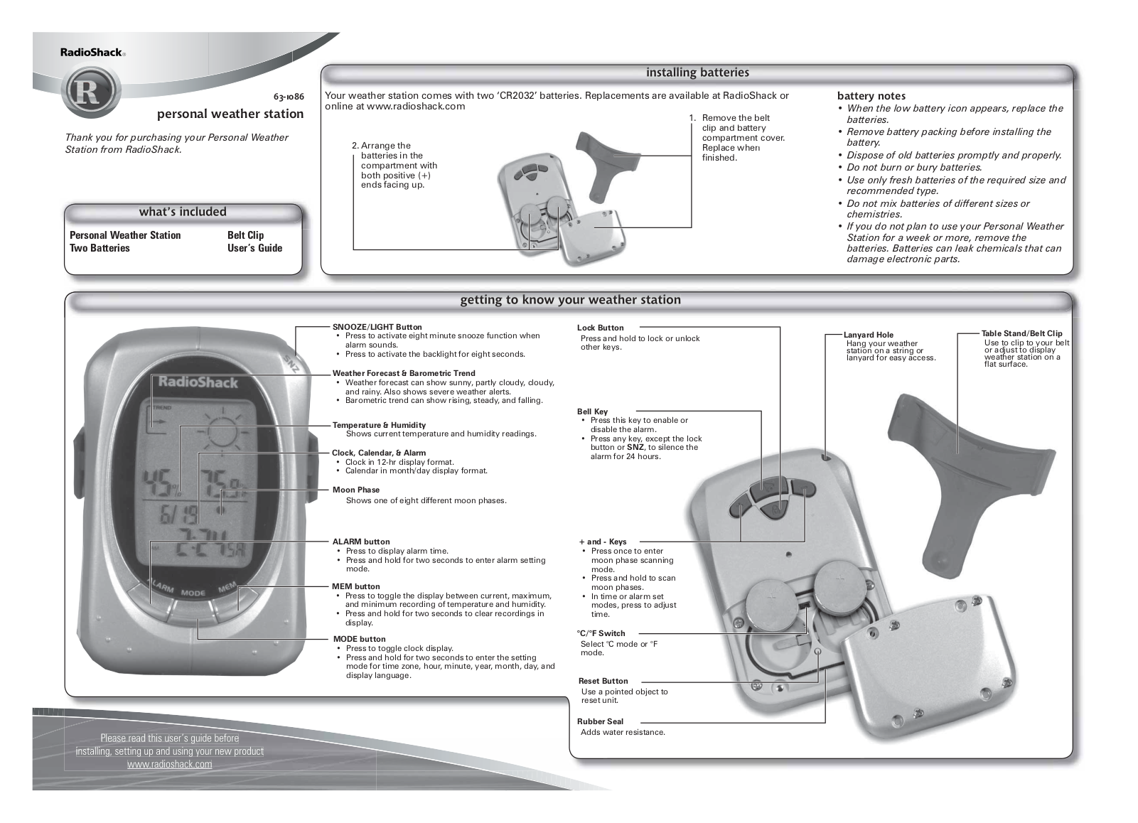 Radio Shack 63-1086 User Manual