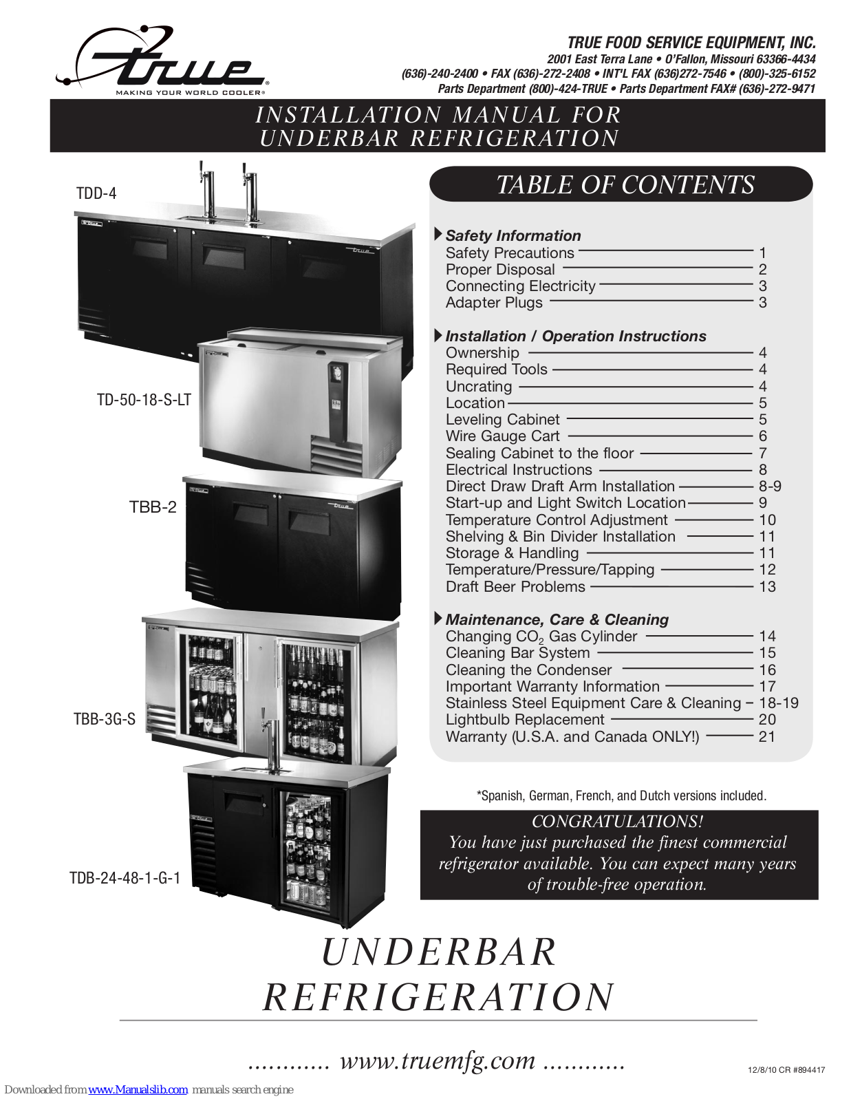 True TBB-3G-S, TDB-24-48-1-G-1, TDD-4 Installation Manual - ManualMachine.com